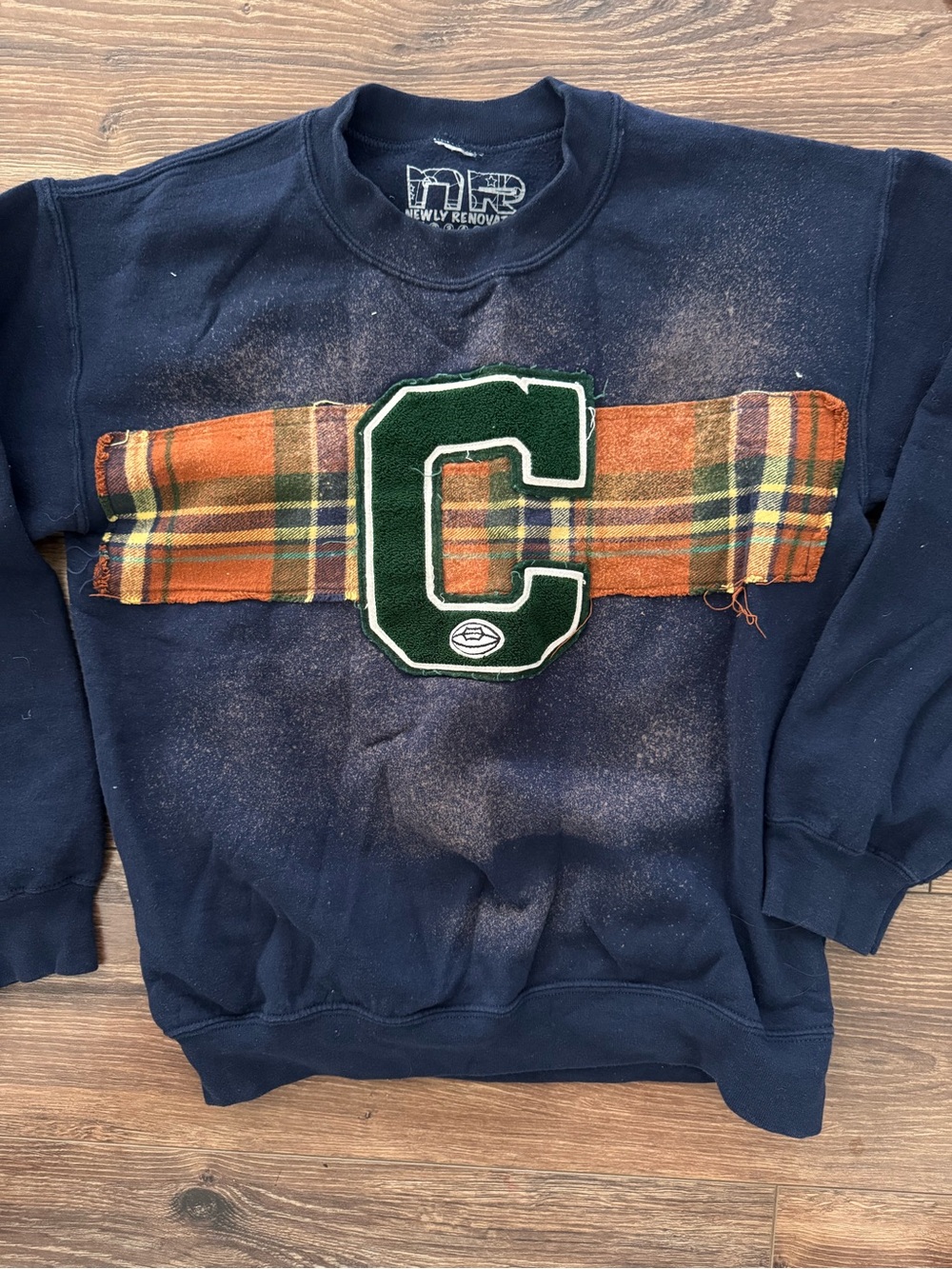 Navy Crewneck Sweatshirt with Green 'C' Patch and Plaid Detail S
